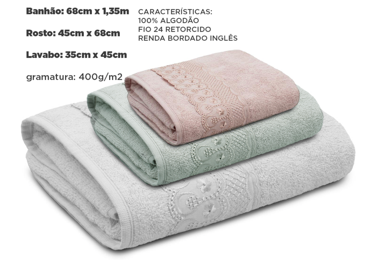 Jogo de Toalhas Bordare 3 Peças (1 banho / 1 rosto / 1 lavabo) 400g/m²