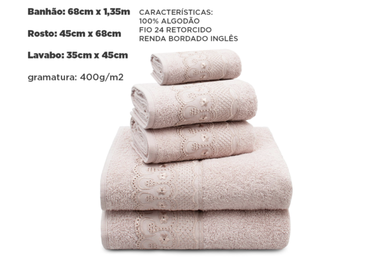 Jogo de Toalhas Bordare 5 Peças (2 banho / 2 rosto / 1 lavabo) 400g/m²